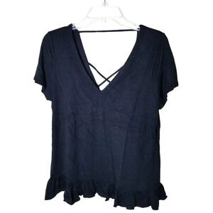 NEW Chaser Black Medium Double V Neck Strappy Back Ruffle‎ Hem Pullover Top